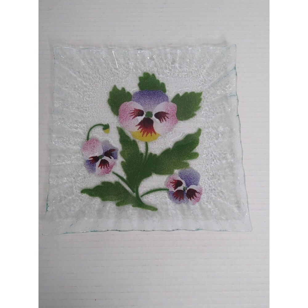 SYDENSTRICKER Fused Art Glass Square Plate Pansies Floral Flowers SIGNED